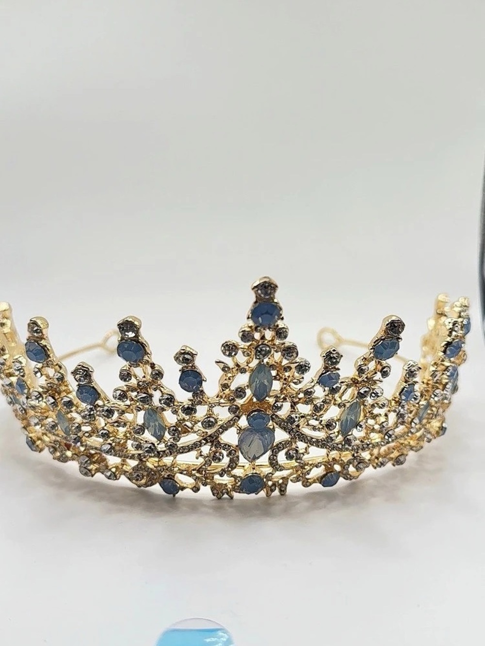 Gold Blue Crystal Rhinestone Tiara Crown Bridal Quinceañera Prom